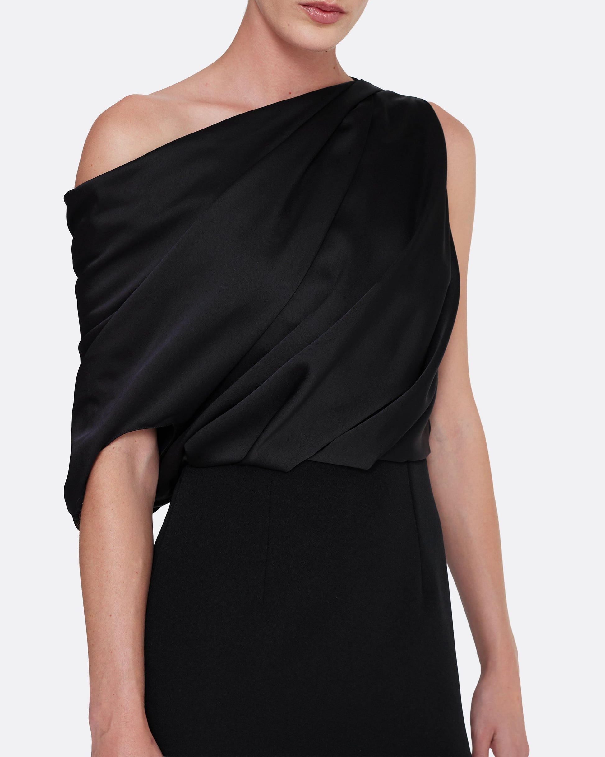 Column gown with asymmetric draped top in BLACK