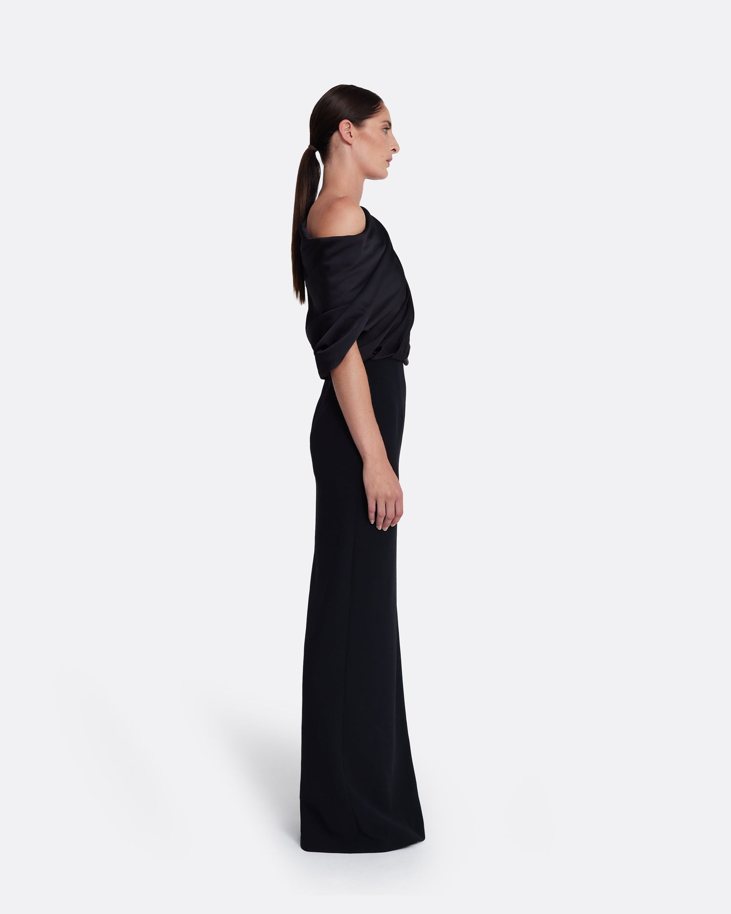 Column gown with asymmetric draped top in BLACK