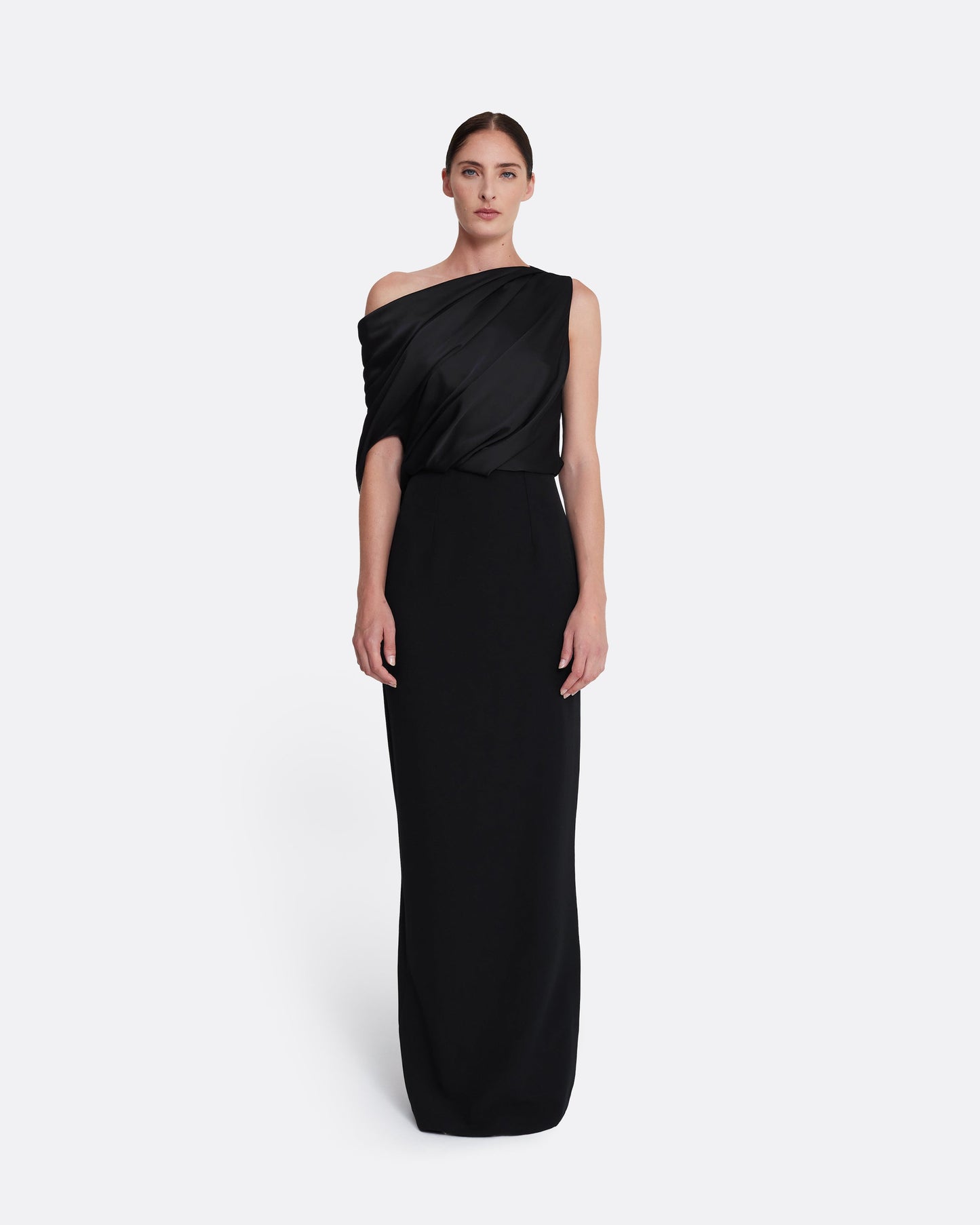 Column gown with asymmetric draped top in BLACK