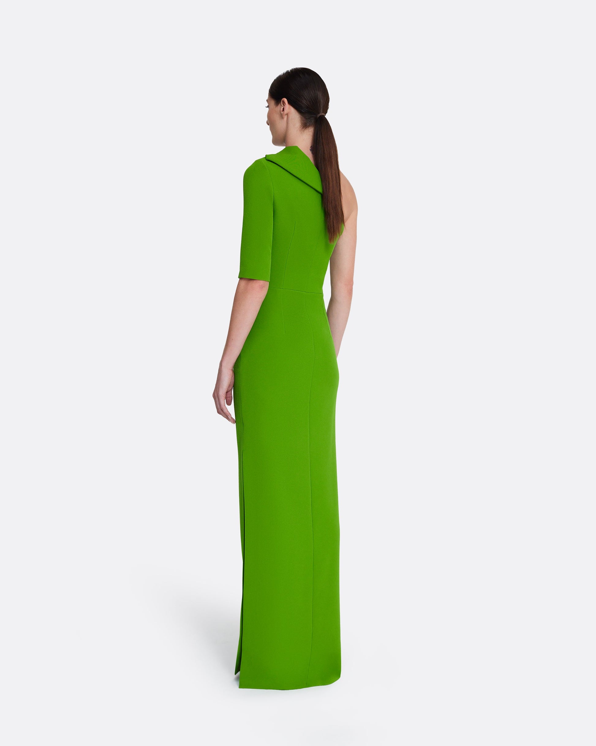 One sleeve column gown with side slit in VERDANT GREEN