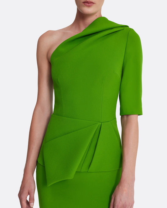 One sleeve column gown with side slit in VERDANT GREEN