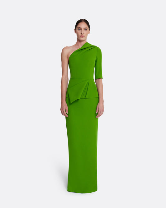 One sleeve column gown with side slit in VERDANT GREEN