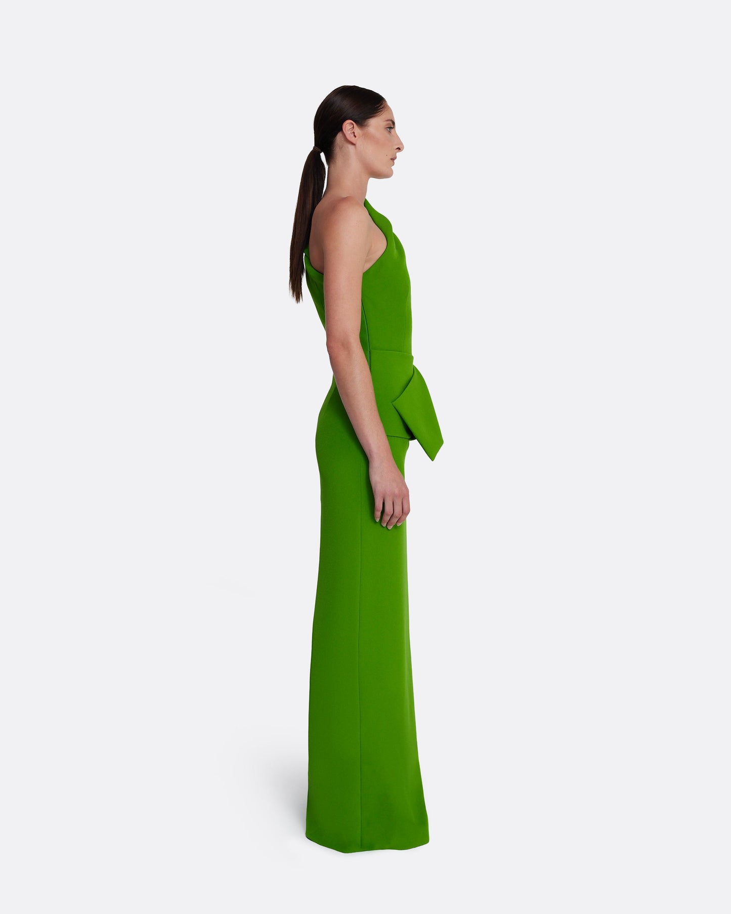 One sleeve column gown with side slit in VERDANT GREEN