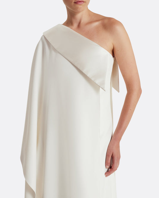 Asymmetric gown with drapped sleeve detail in IVORY