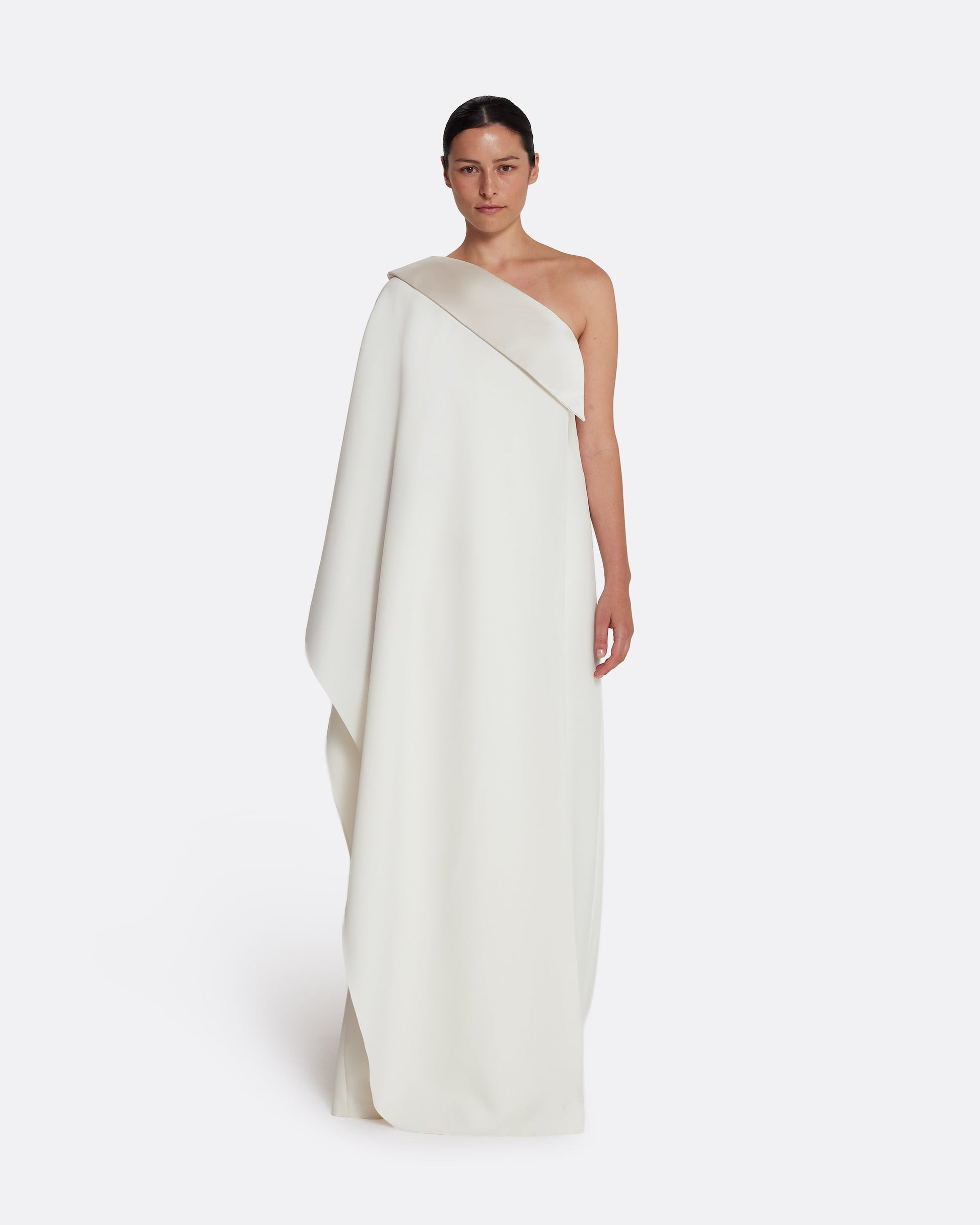 Asymmetric gown with drapped sleeve detail in IVORY
