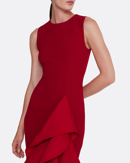 Crew neck gown with contrast flare detail in LACQUER RED ON AZALEA RED