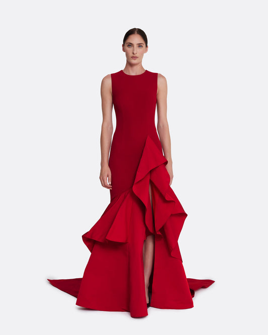 Crew neck gown with contrast flare detail in LACQUER RED ON AZALEA RED