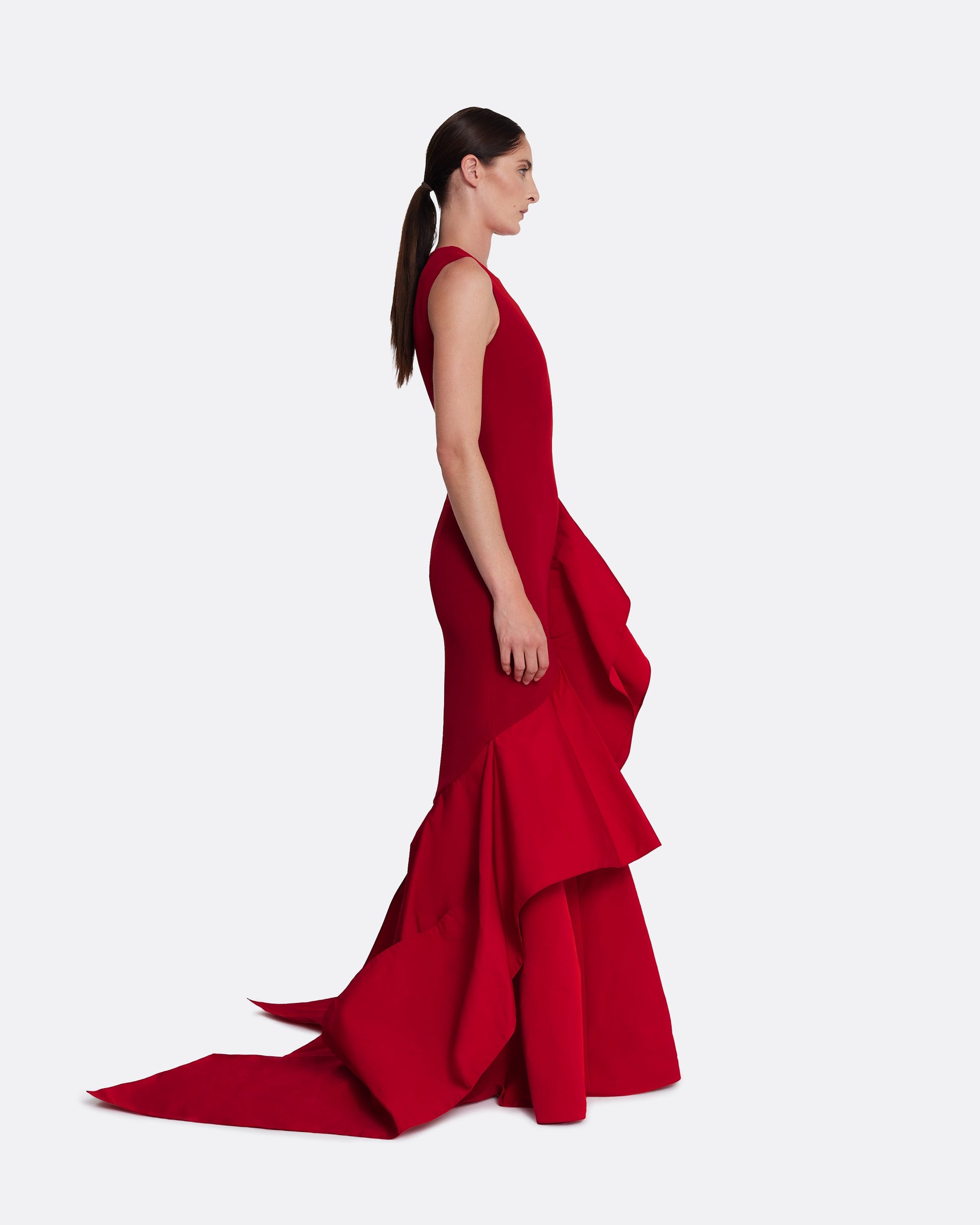 Crew neck gown with contrast flare detail in LACQUER RED ON AZALEA RED