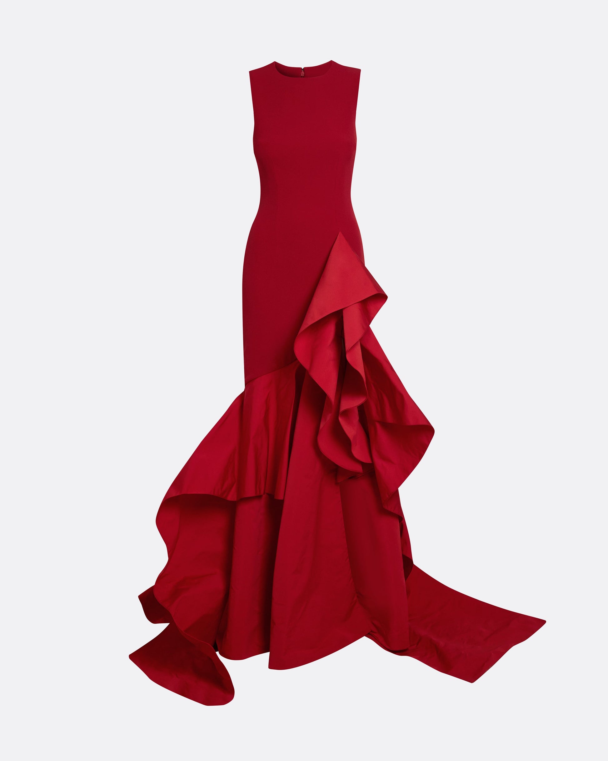 Crew neck gown with contrast flare detail in LACQUER RED ON AZALEA RED