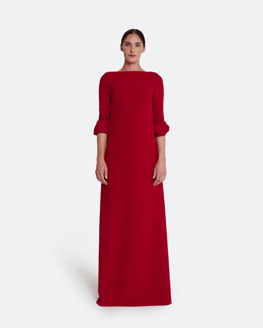 detailed long sleeve A line gown  in AZALEA RED