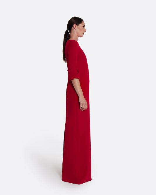 detailed long sleeve A line gown  in AZALEA RED