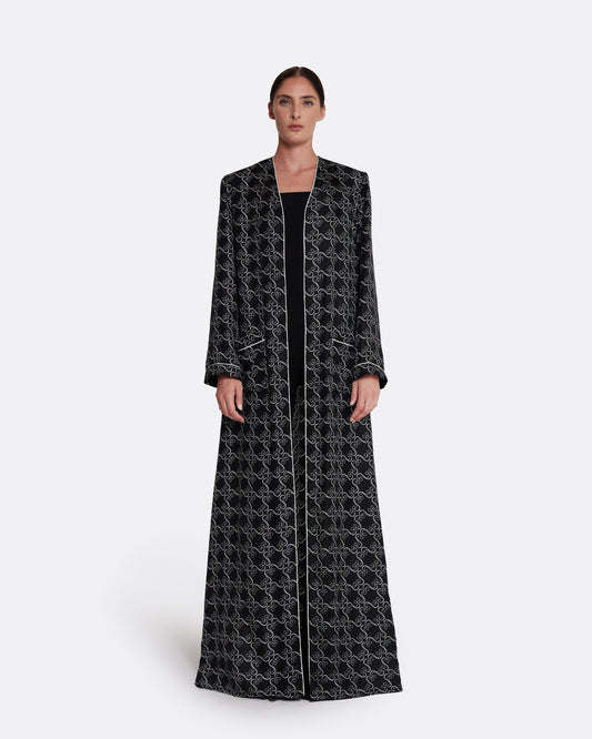 Full-length wrap abaya in ECRU ON BLACK