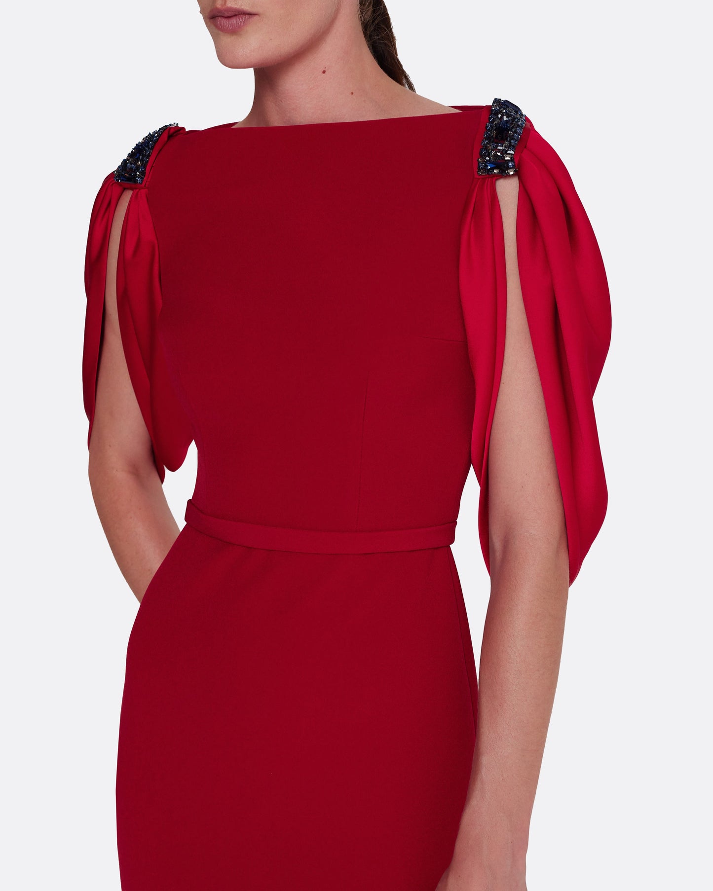 Mariah Long Dress in Cherry Red on Azalea with Multi-blues