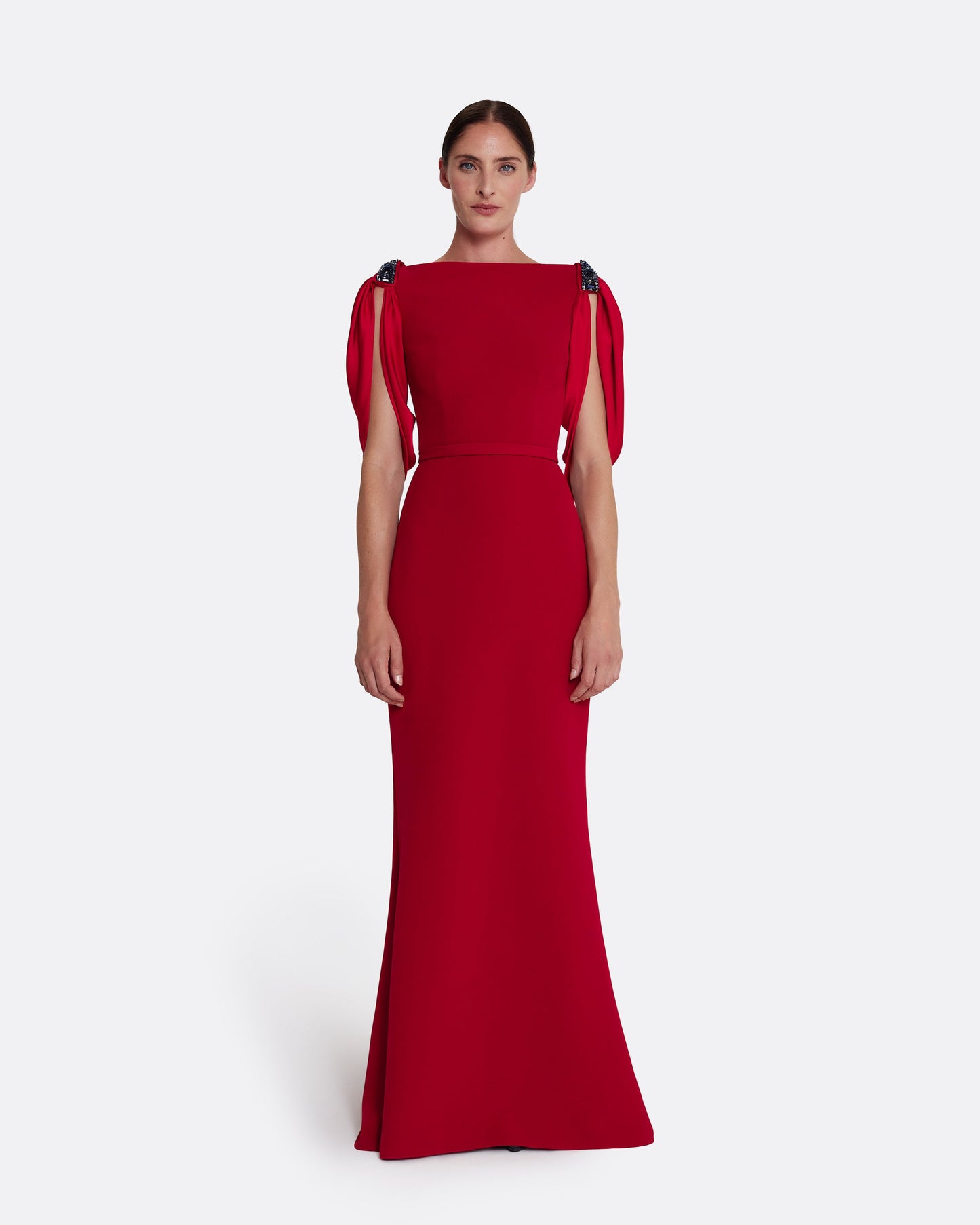 Mariah Long Dress in Cherry Red on Azalea with Multi-blues