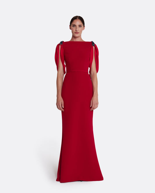 Long fishtail dress with boat neck in CHERRY RED ON AZALEA W M-BLUES