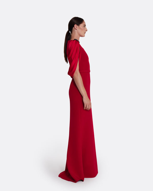 Long fishtail dress with boat neck in CHERRY RED ON AZALEA W M-BLUES