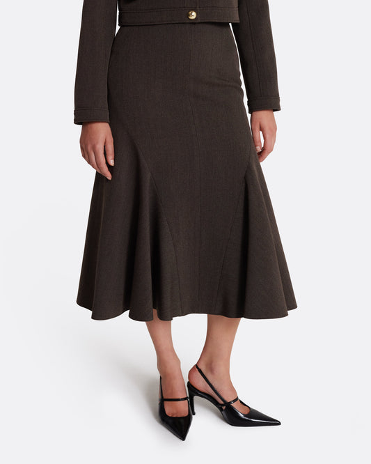 High waisted midi skirt with kick-flare detail in SOFT BROWN