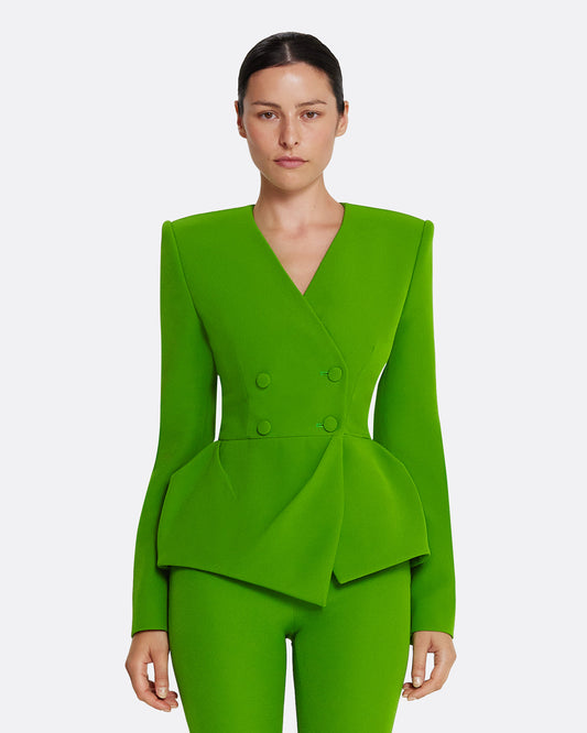 Collarless jacket with peplum in VERDANT GREEN