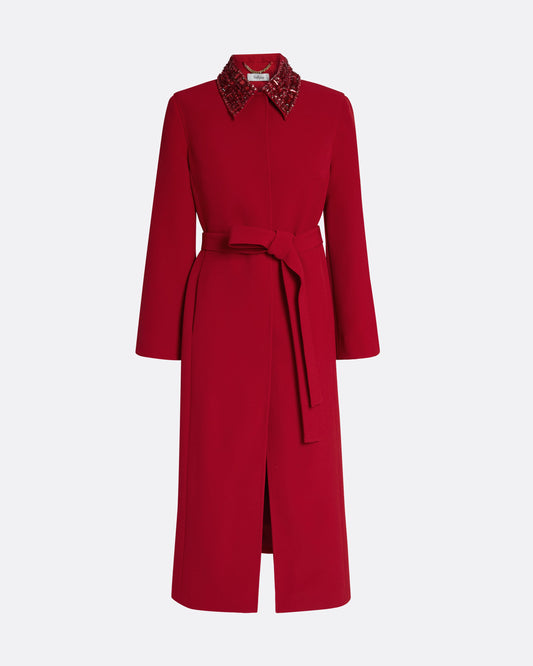 Full-length wrap coat with tie belt in AZALEA RED WITH MULTI-REDS