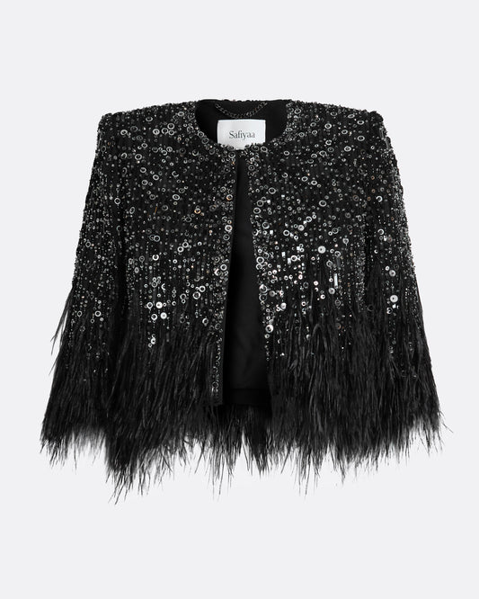 Collarless cropped jacket with feather details in BLACK WITH JET