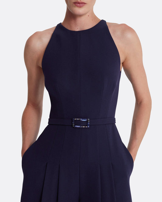 wide leg jumpsuit with modern, crew neck  in AZURITE WITH MULTI-BLUES