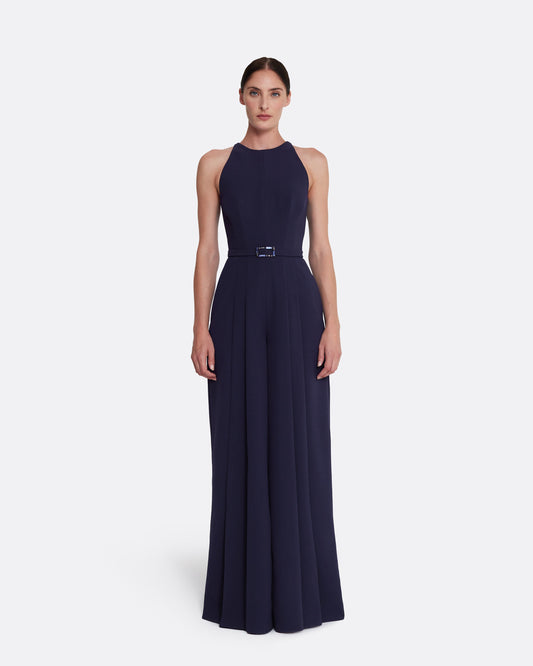 wide leg jumpsuit with modern, crew neck  in AZURITE WITH MULTI-BLUES