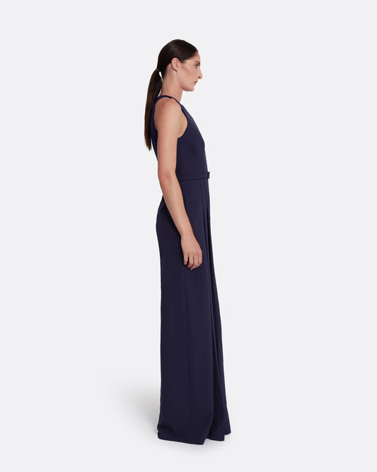 wide leg jumpsuit with modern, crew neck  in AZURITE WITH MULTI-BLUES
