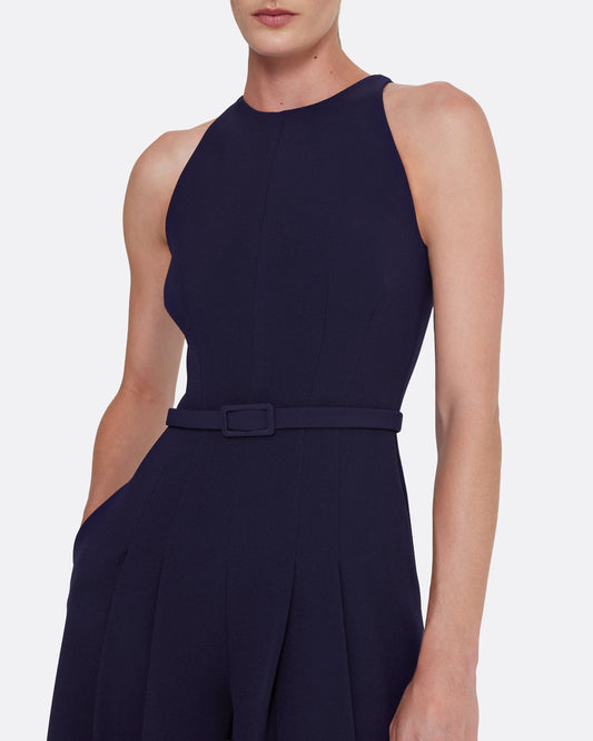 wide leg jumpsuit with modern, crew neck  in AZURITE