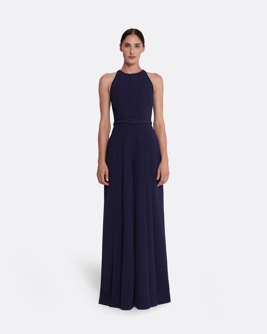 wide leg jumpsuit with modern, crew neck  in AZURITE