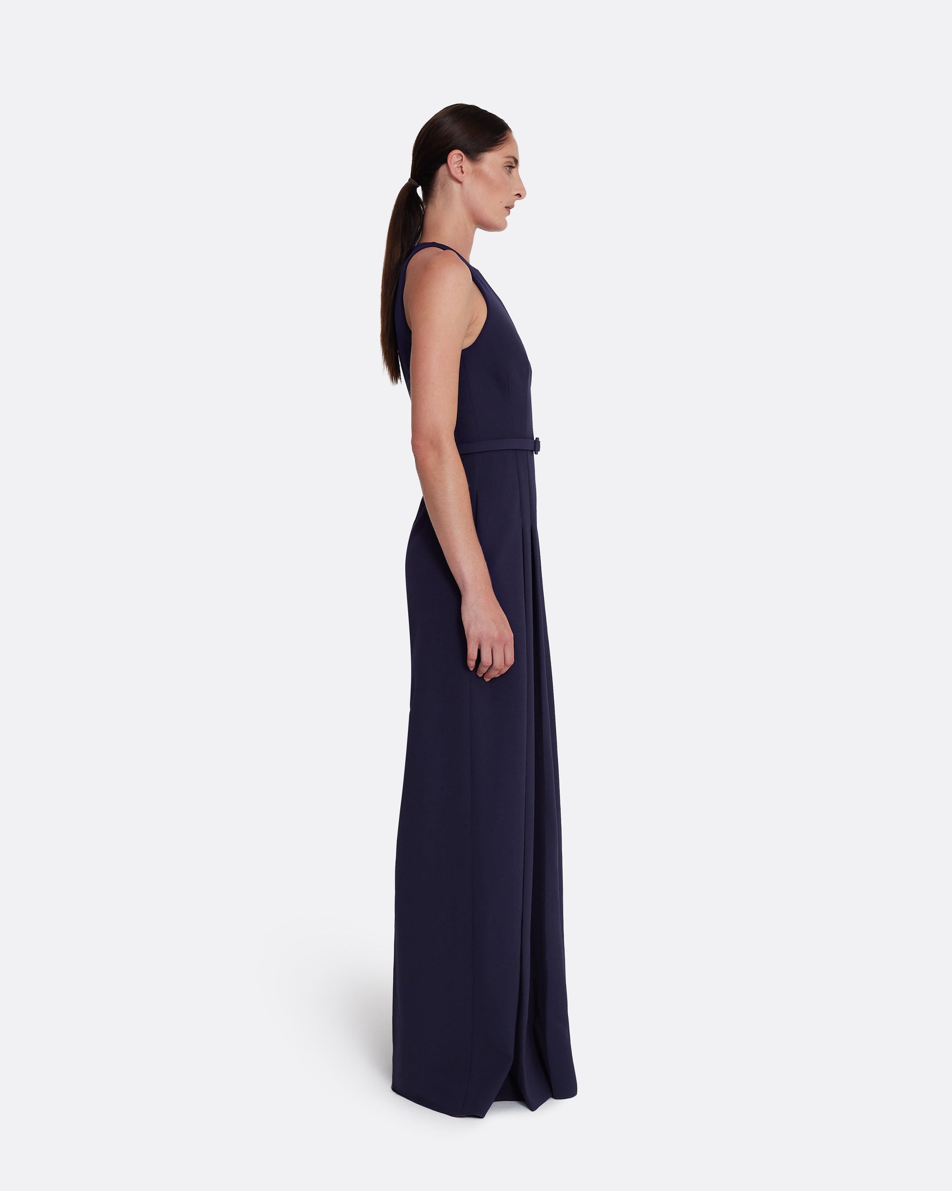 wide leg jumpsuit with modern, crew neck  in AZURITE