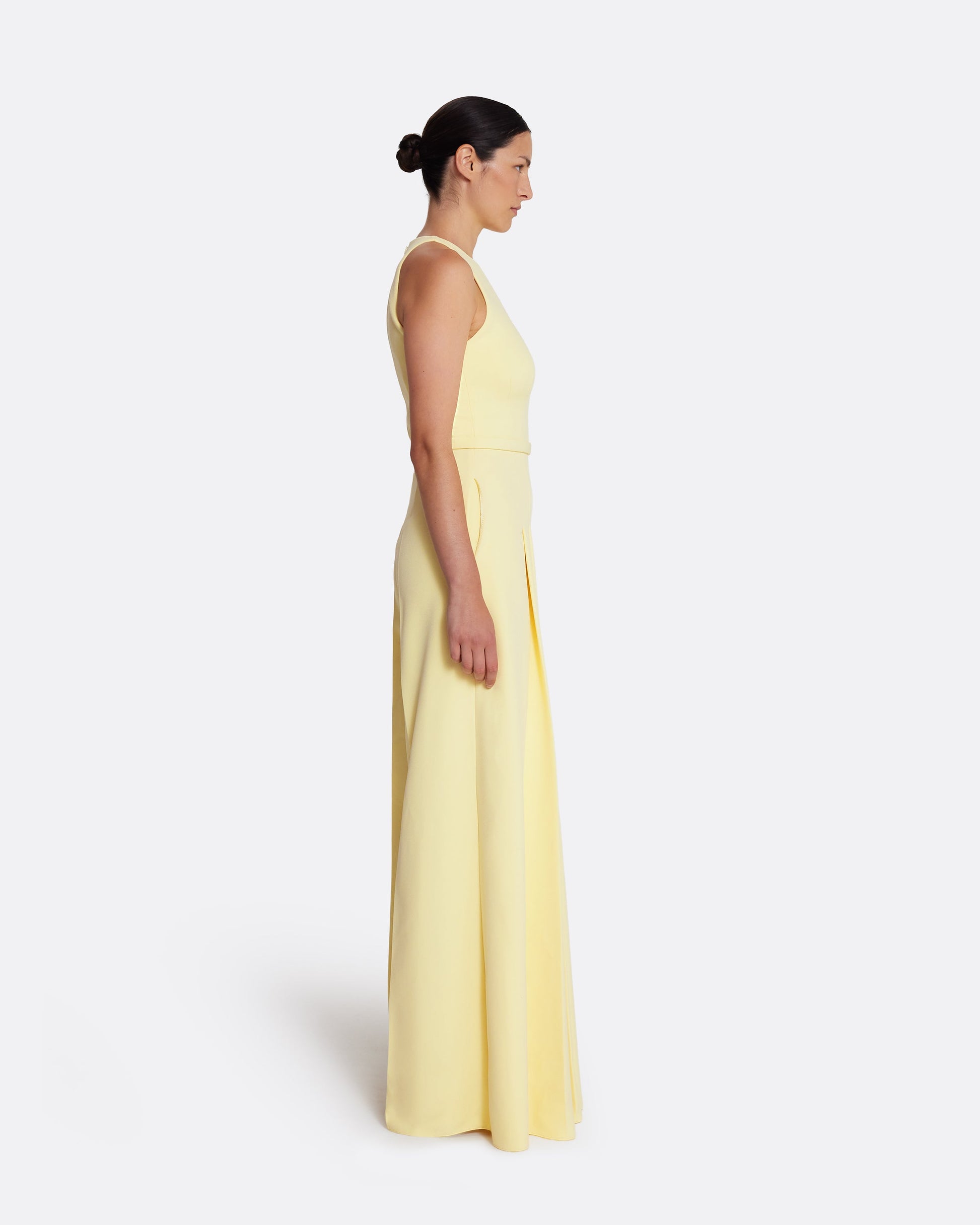 wide leg jumpsuit with modern, crew neck  in PALE YELLOW