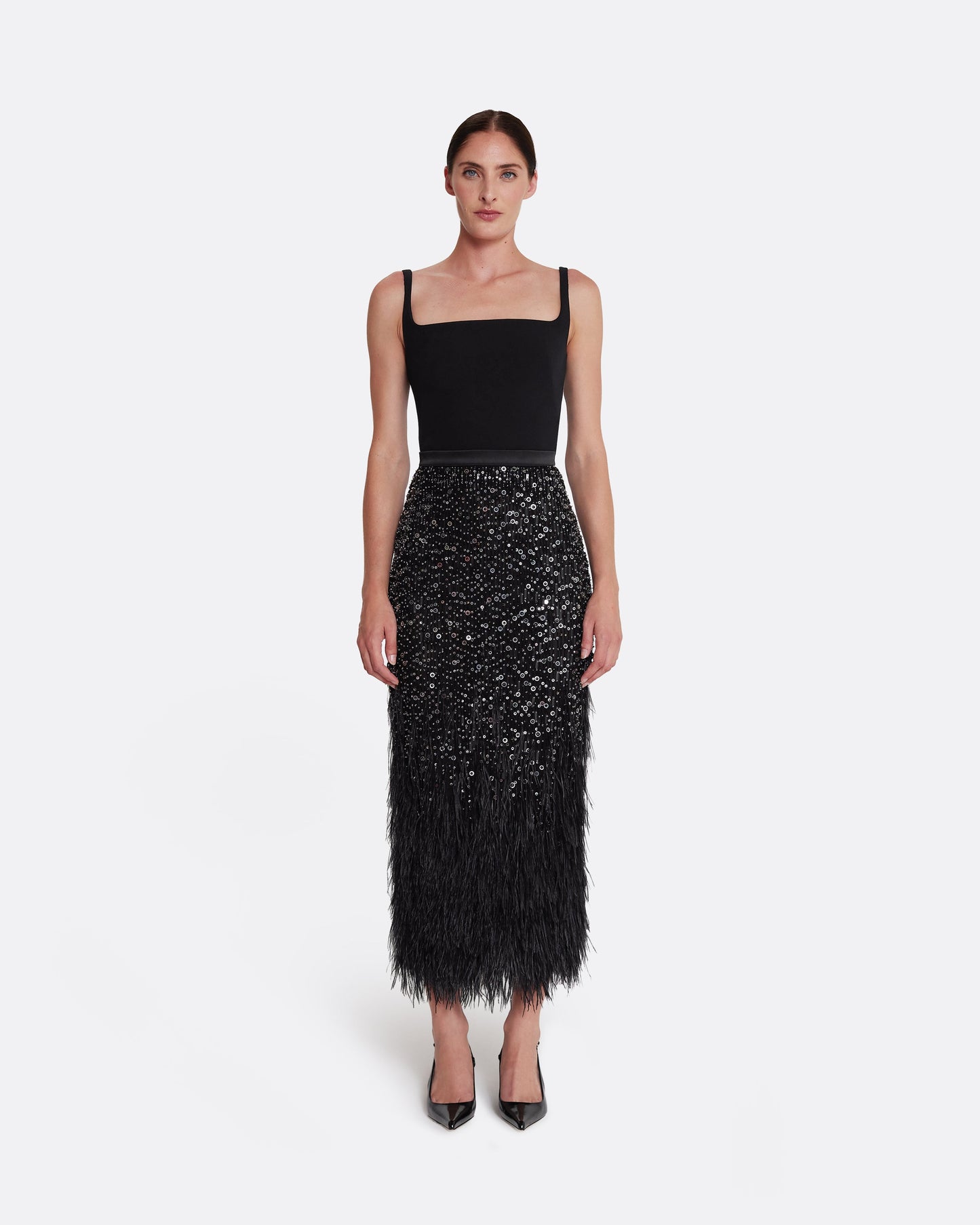 Vivica Skirt in Black with Feather Embellishment