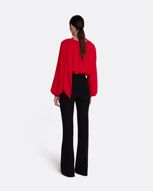 Flowing, tie neck, semi-sheer blouse in AZALEA RED