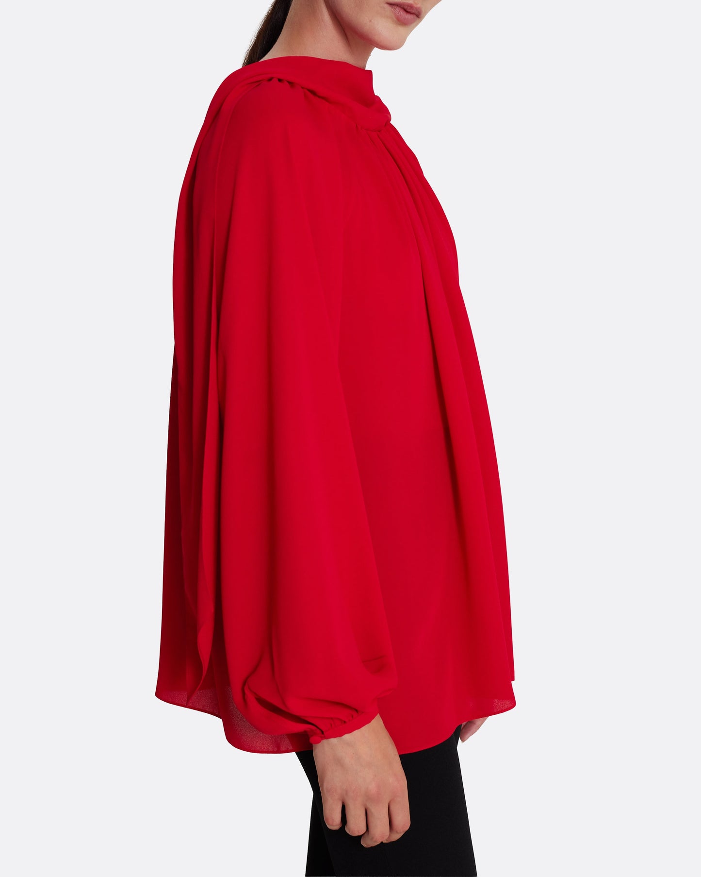 Flowing, tie neck, semi-sheer blouse in AZALEA RED