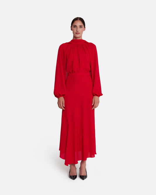 Flowing, tie neck, semi-sheer blouse in AZALEA RED