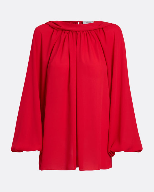 Flowing, tie neck, semi-sheer blouse in AZALEA RED