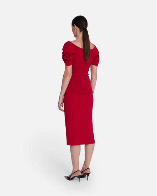 short sleeve top with shoulder details  in AZALEA RED WITH MULTI-REDS