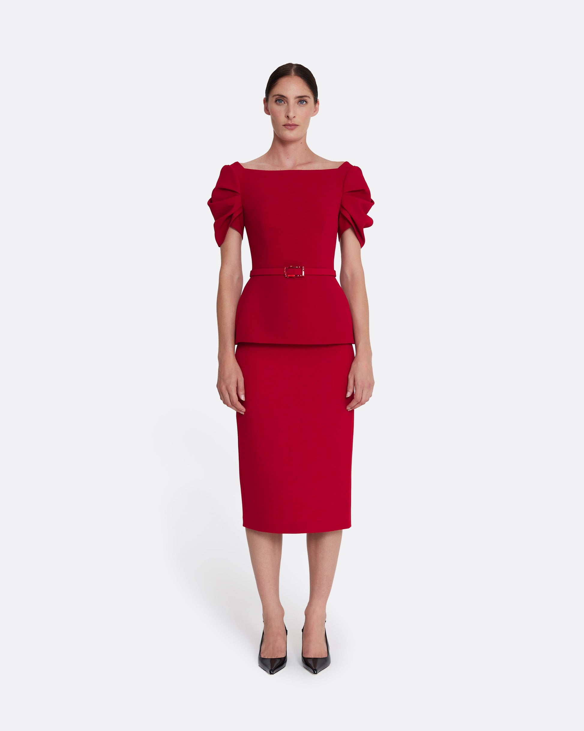 short sleeve top with shoulder details  in AZALEA RED WITH MULTI-REDS