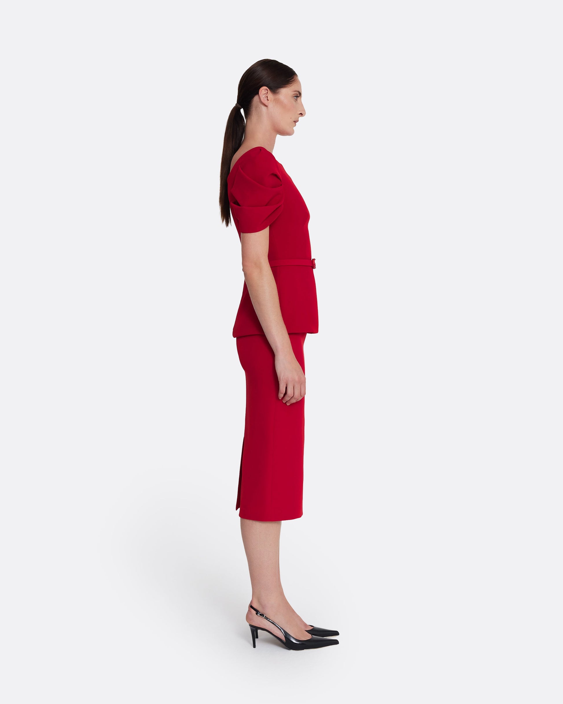 short sleeve top with shoulder details  in AZALEA RED WITH MULTI-REDS