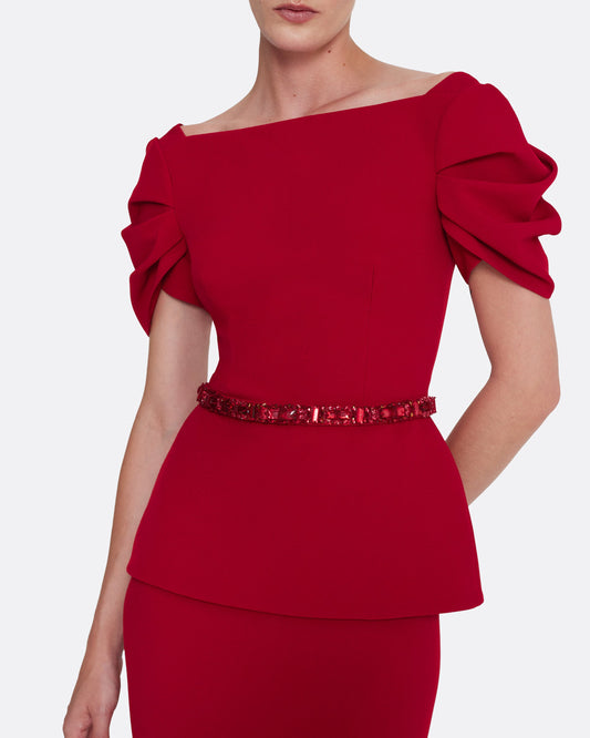 short sleeve top with shoulder details  in AZALEA RED WITH MULTI-REDS