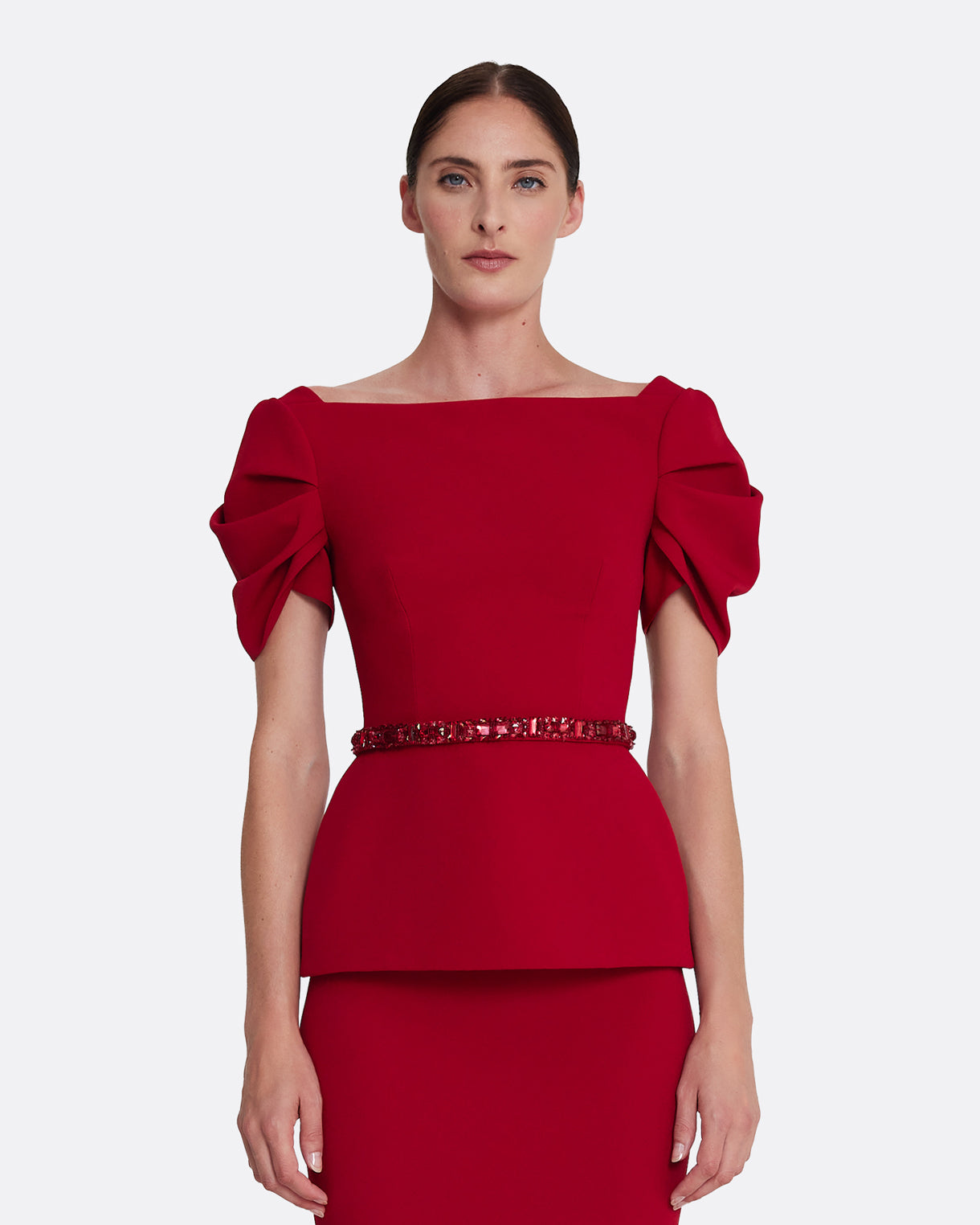 short sleeve top with shoulder details  in AZALEA RED WITH MULTI-REDS