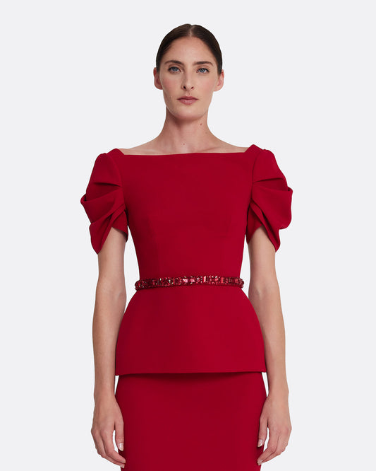short sleeve top with shoulder details  in AZALEA RED WITH MULTI-REDS