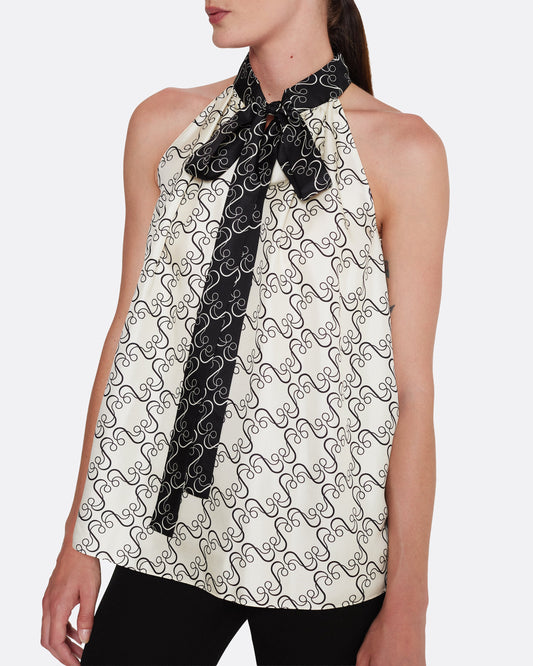 Halter neck style top  in BLACK ON ECRU
