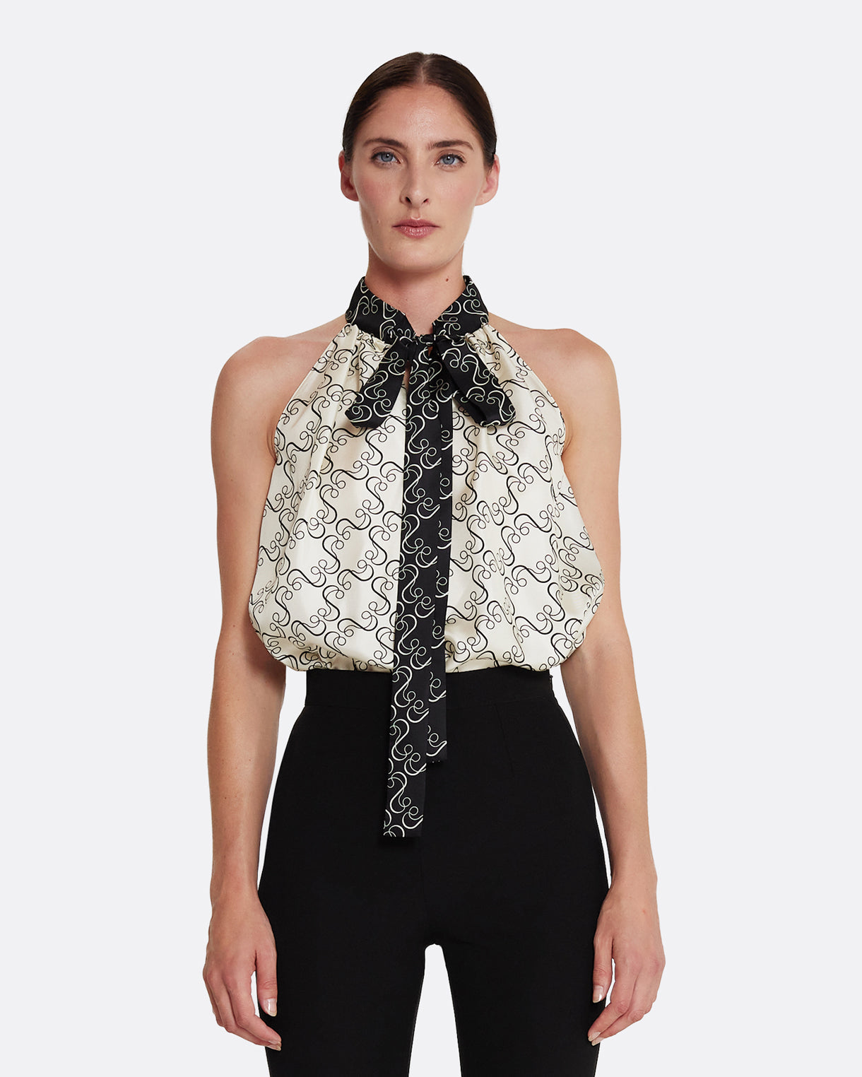 Halter neck style top  in BLACK ON ECRU