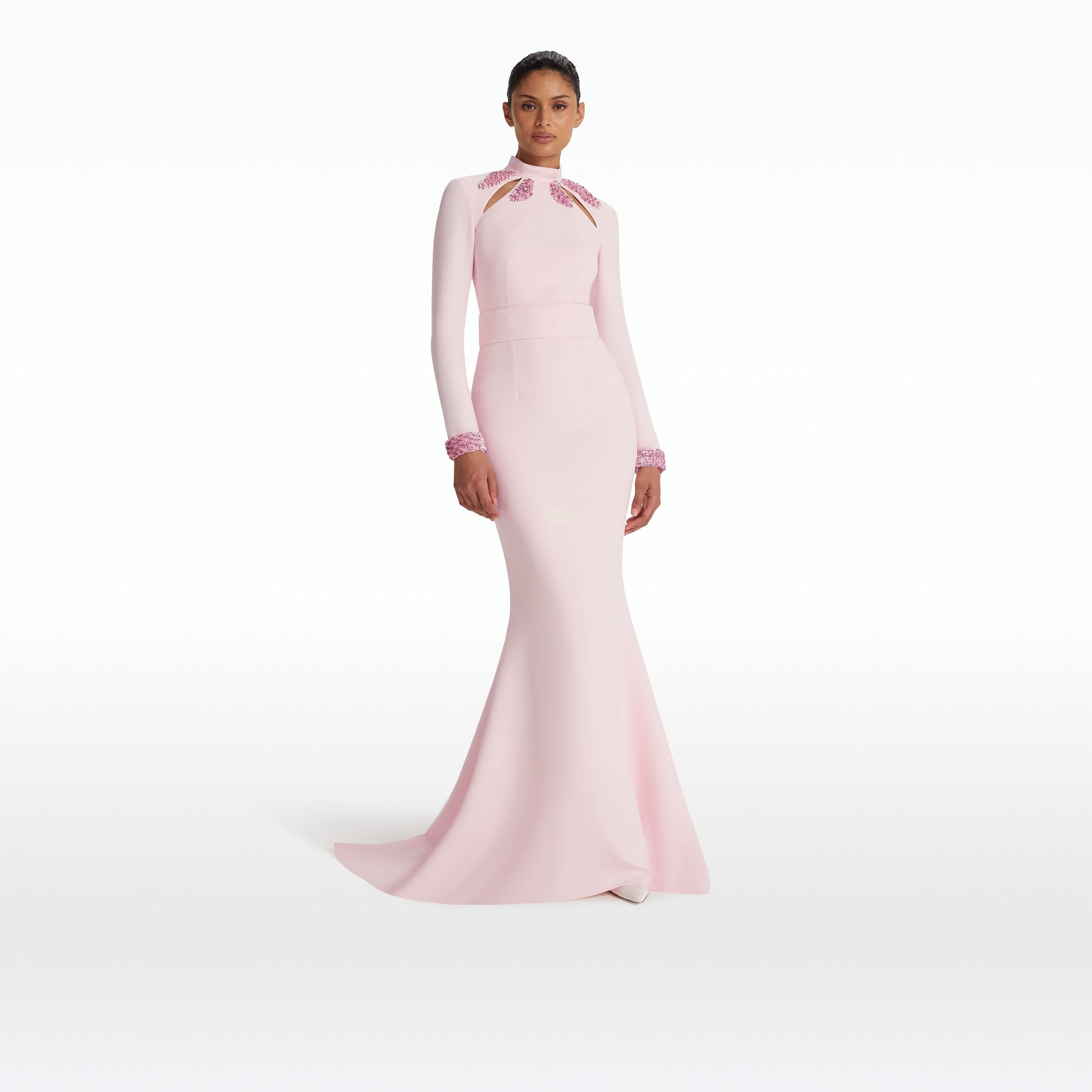 Kamala Pale Pink & Curled Leaf Embroidery Long Dress Maison Safiyaa USA Kamala Pale Pink & Curled Leaf Embroidery Long Dress Maison Safiyaa USA