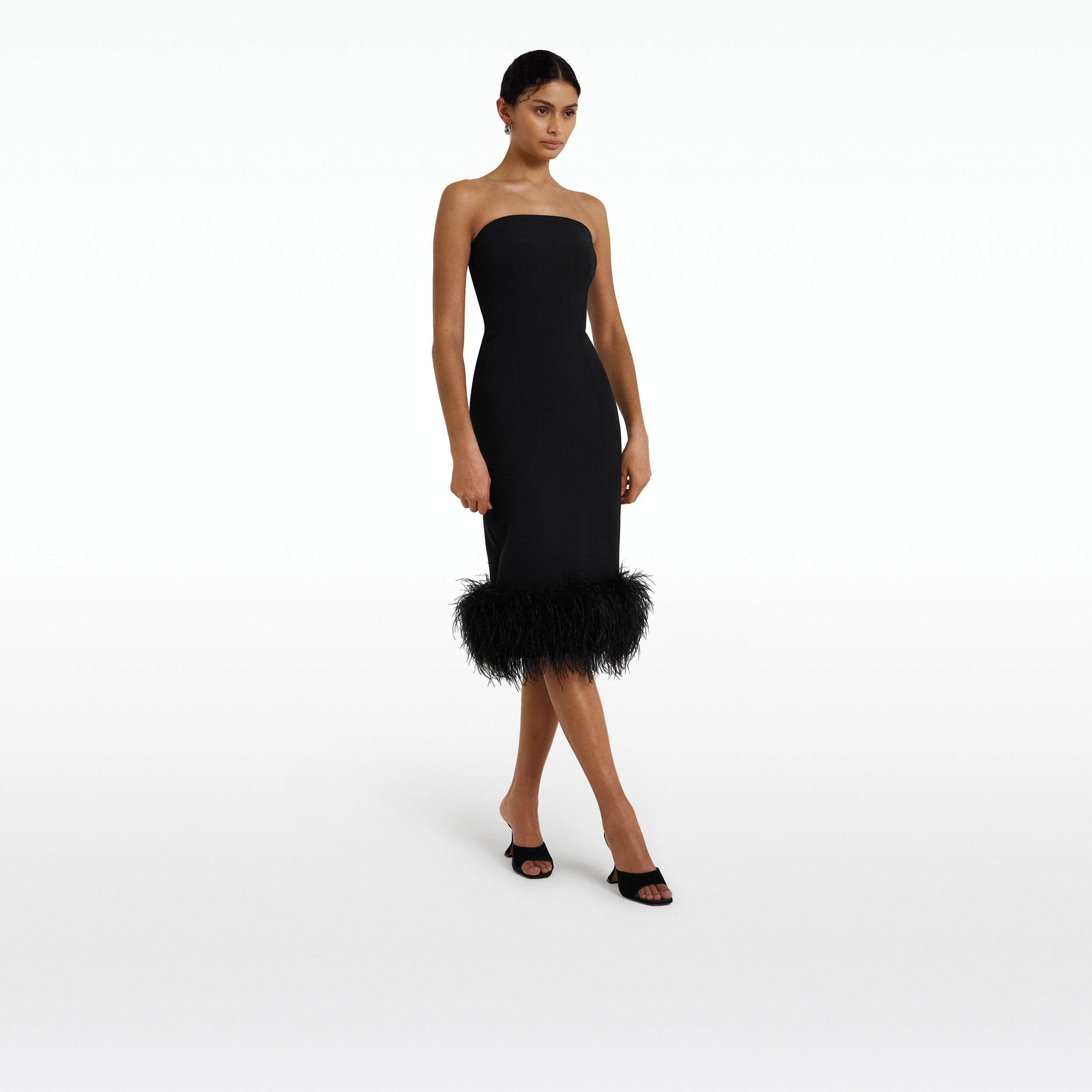Oralie Black Feather-Trimmed Midi Dress