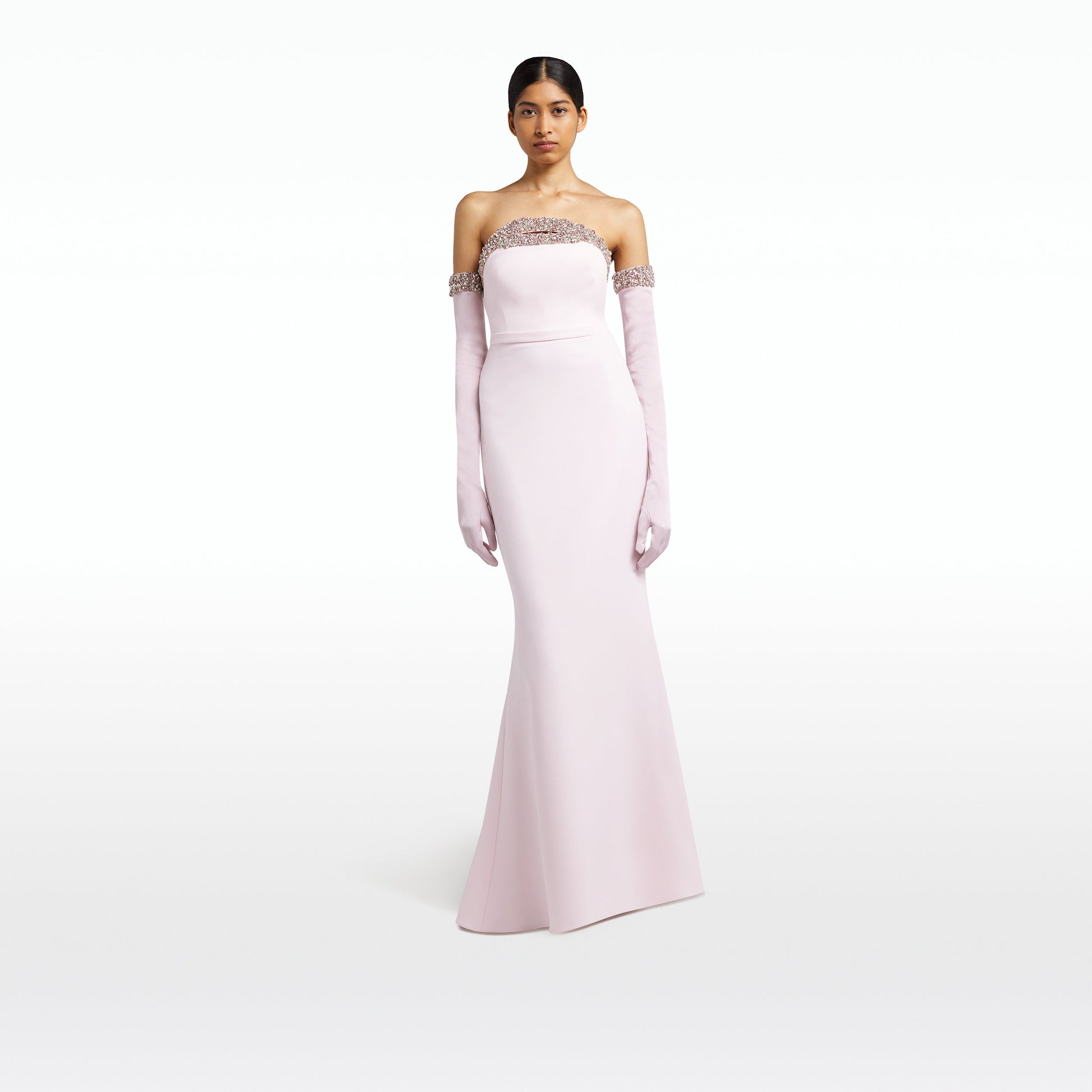 pink dress with gloves Donatella Barely Pink Long Dress With Antonia Gloves – Maison Safiyaa USA
